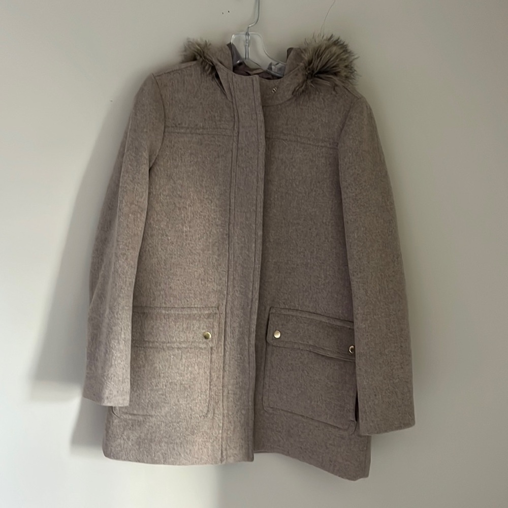 J. Crew Factory Wool Blend Camel Coat w/ Faux fur trim on hood size 10